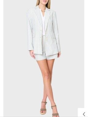 Gibsonlook Long Line Striped Linen Blazer - Neutral/Blue Denim Stripe